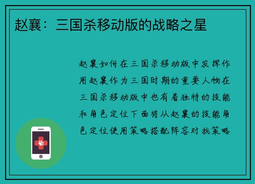 赵襄：三国杀移动版的战略之星